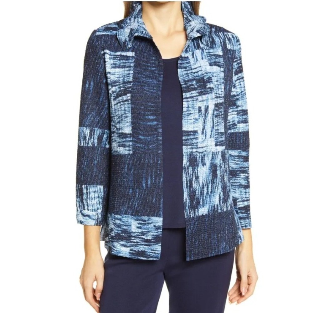 MING WANG Crinkle Texture Open Front Jacket Large Blue Artsy Eccentric Career